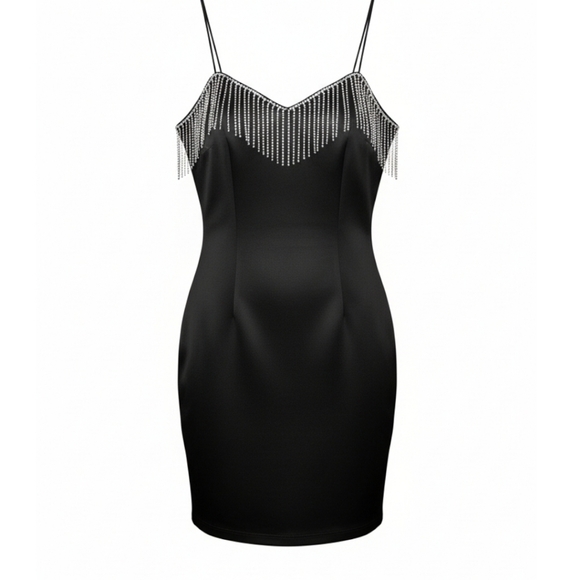 Speechless Black Rhinestone Fringe Bodycon Mini Dress Size Small - Picture 3 of 12